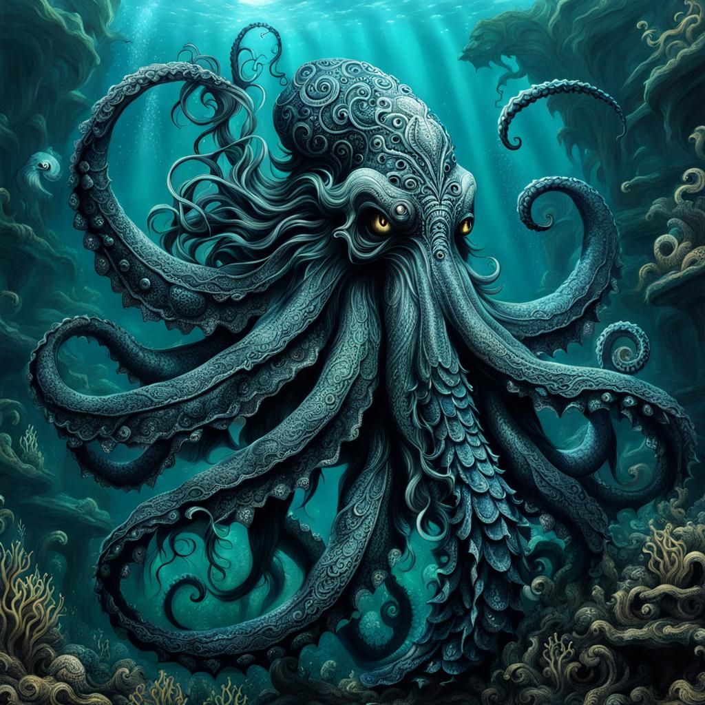 Mermaid and Kraken Underwater Gothic Fantasy