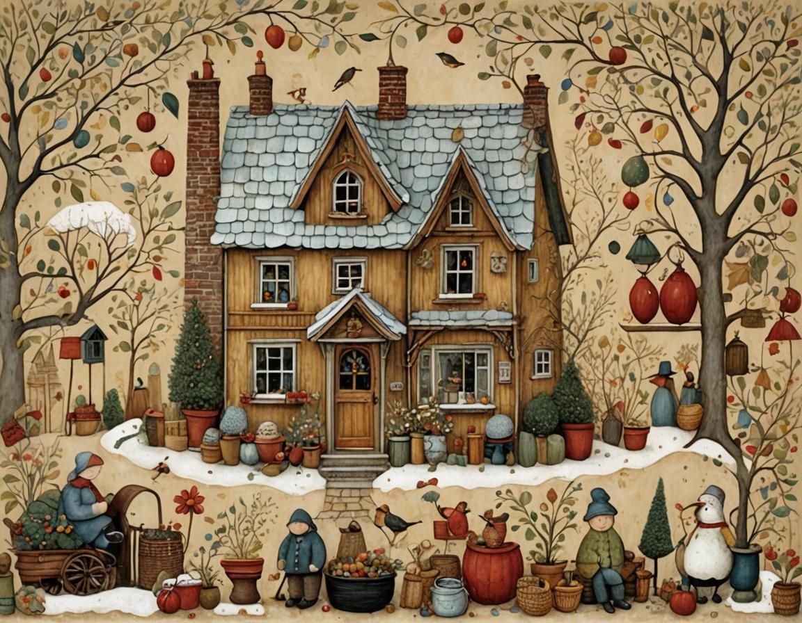 Intricate Cozy Home Illustration in Folk Art Style