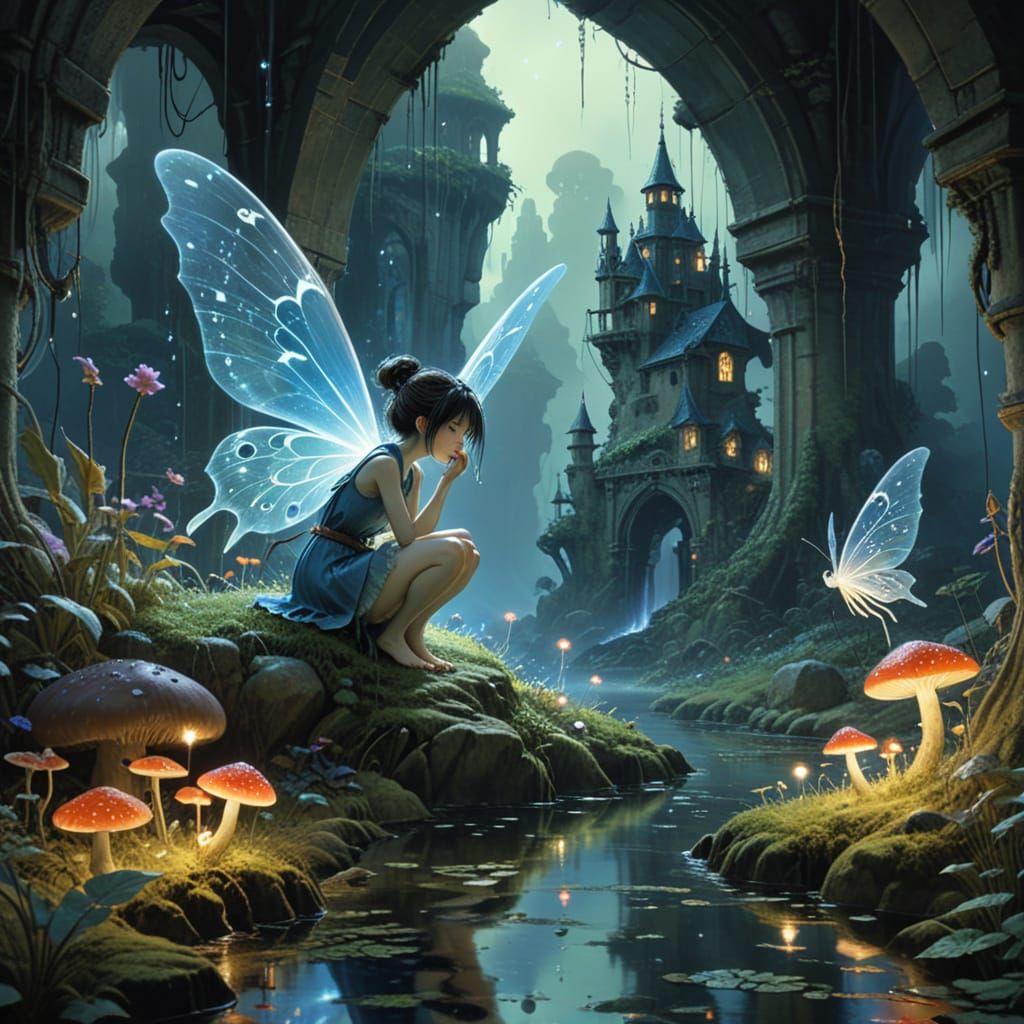 Bioluminescent Mushrooms on Stone Giants: A Surreal Landscap...