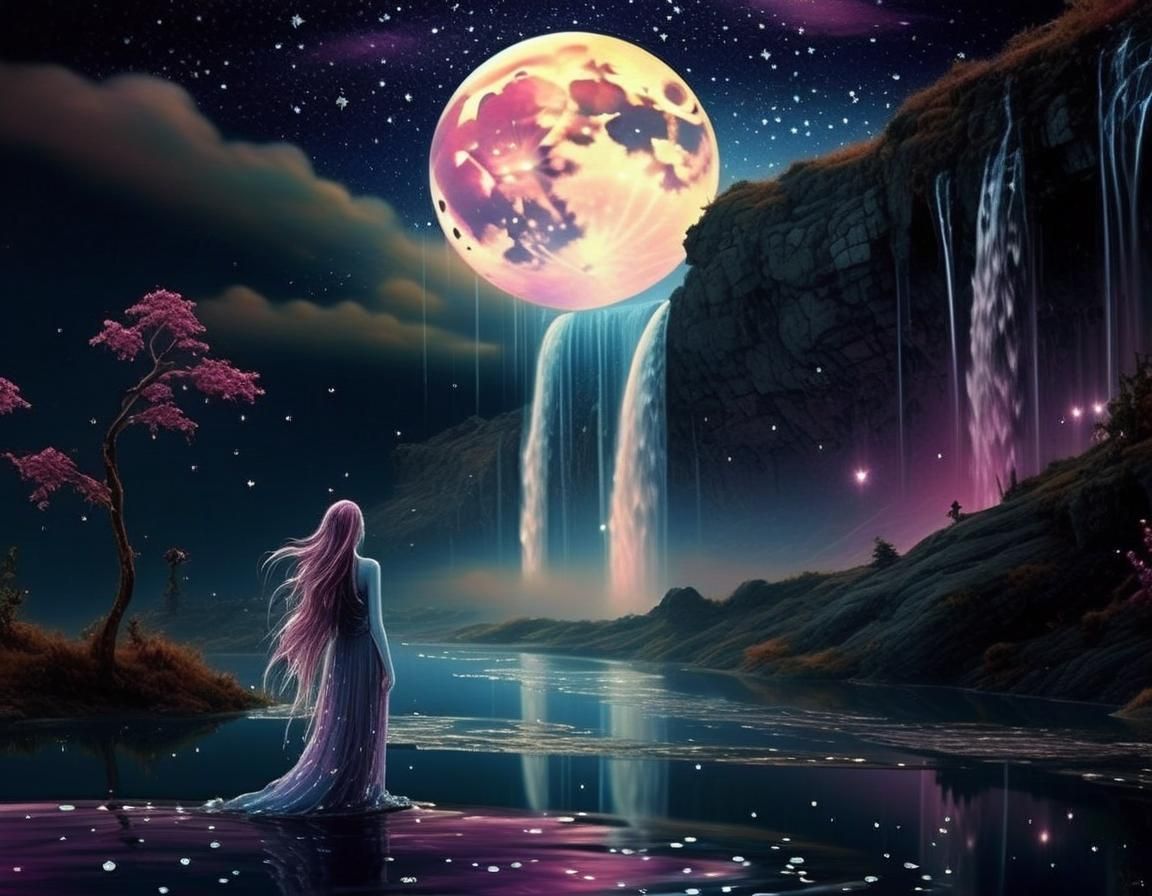 Moonlit Waterfall Dreamscape in Photorealistic Fantasy Art