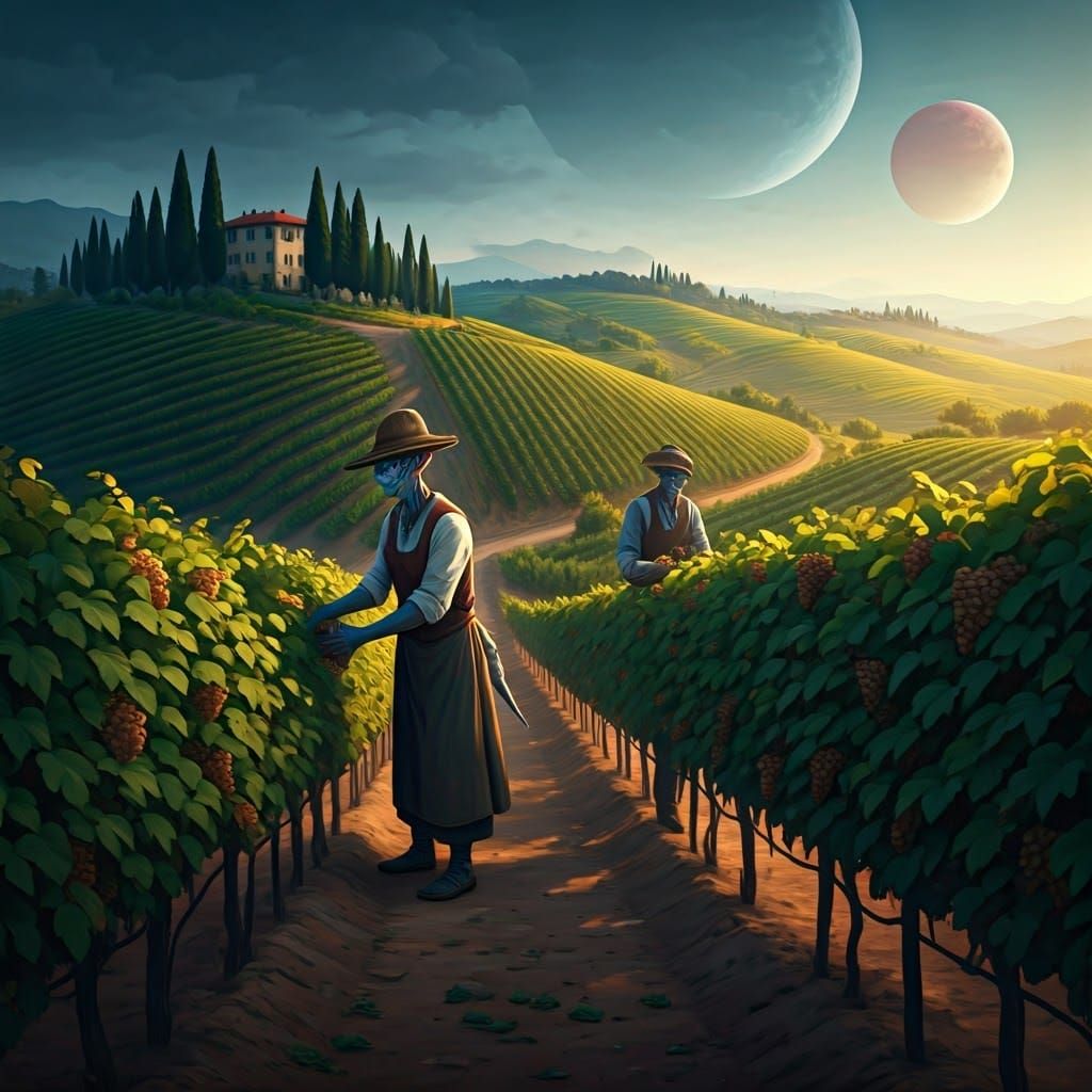 Grape Harvest on a Futuristic Mediterranean Landscape