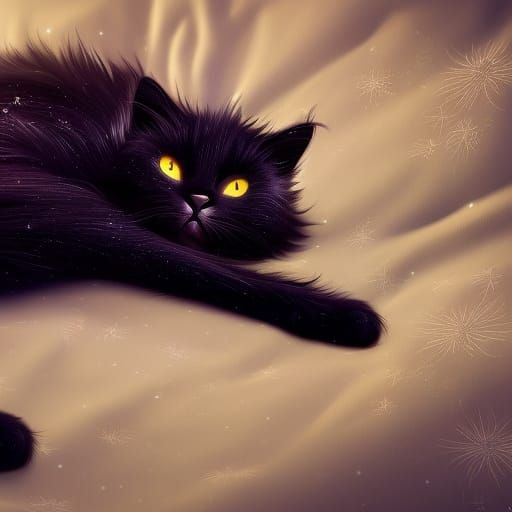 fluffy black cat sleeping on a bed with stars