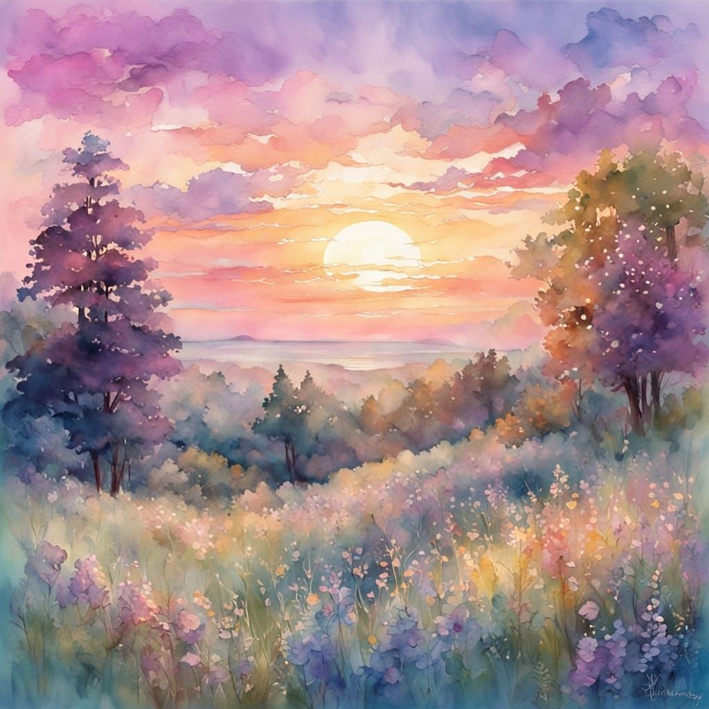 Serene Fantasy Summer Sunset in Digital Watercolor Style