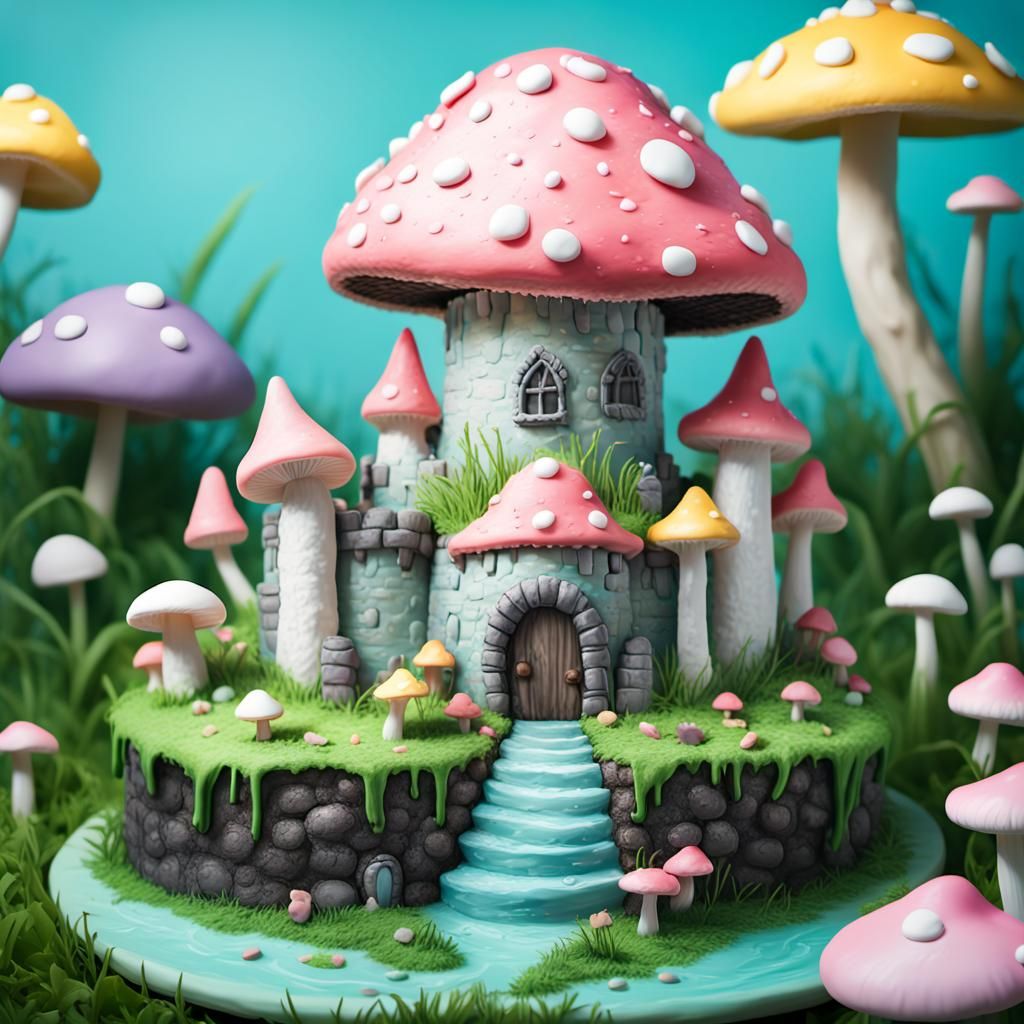 Mushroom Cake Castle on Island in Pastel Colors