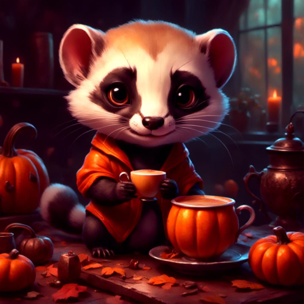 An cute adorable chibi pumpkin-Black Footed Ferret drinking ...