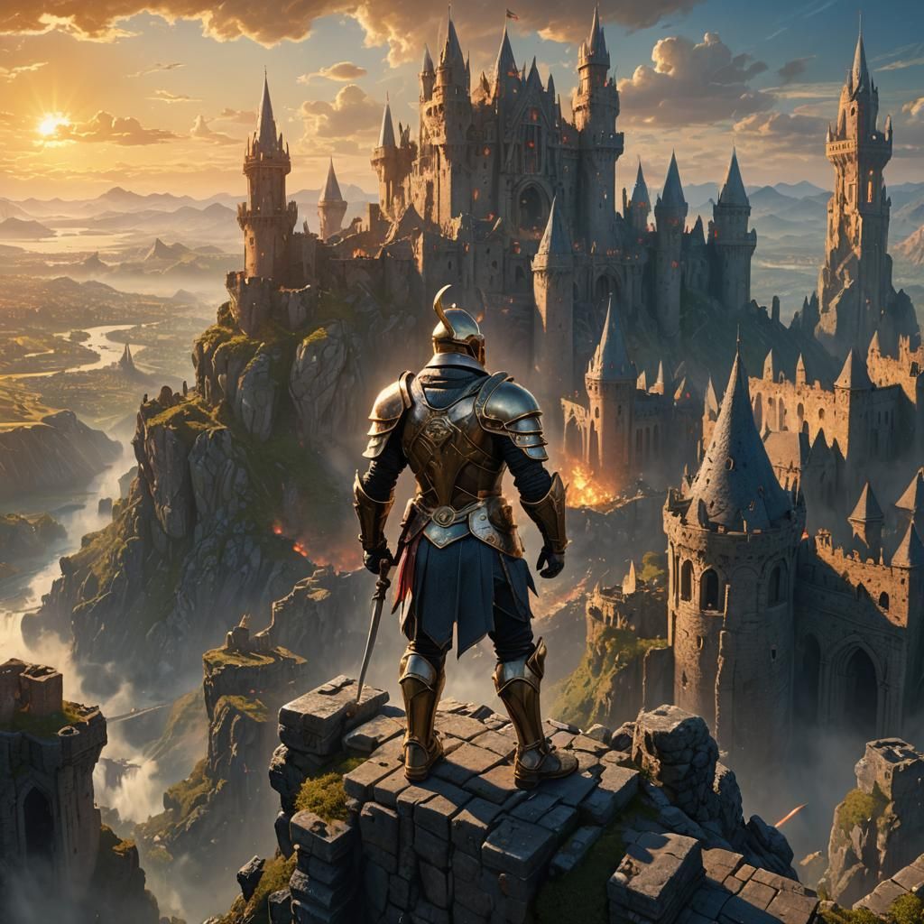 Hero Warrior Triumphant: Fantasy Landscape at Sunset