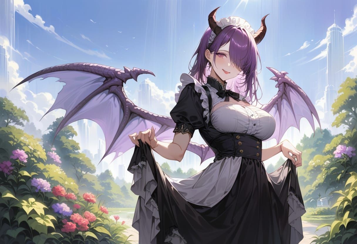 Violet-Haired Dragon Girl in Watercolour Garden