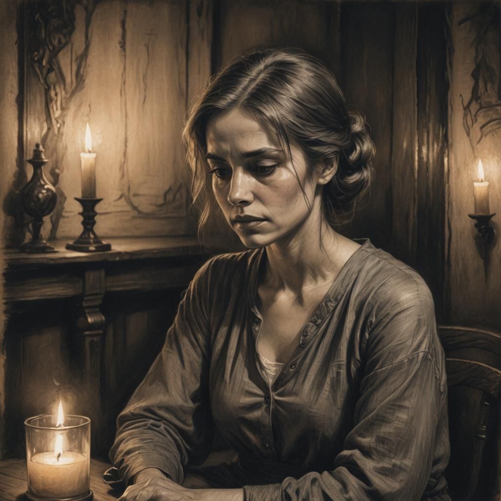 Melancholic Woman in Antique Room: Charcoal Drawing