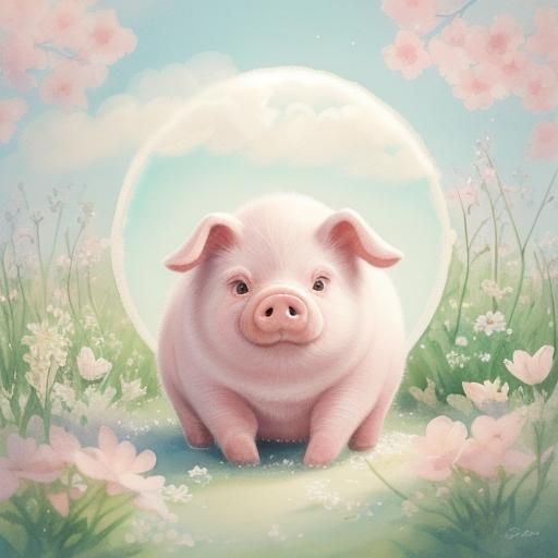Baby Pink Pig in Watercolor Flower Field