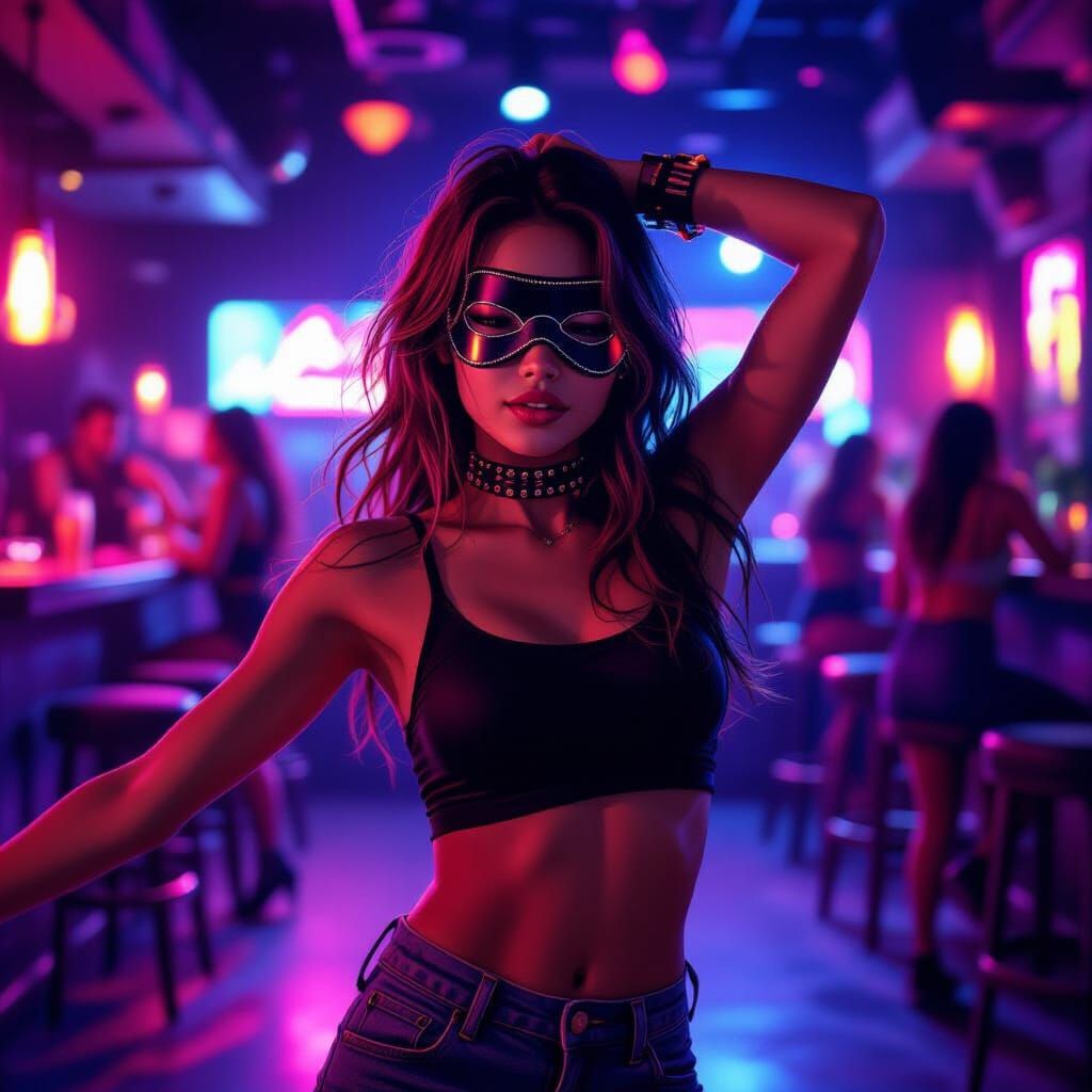 Teen Girl Dances in Neon Bar with Eye Mask