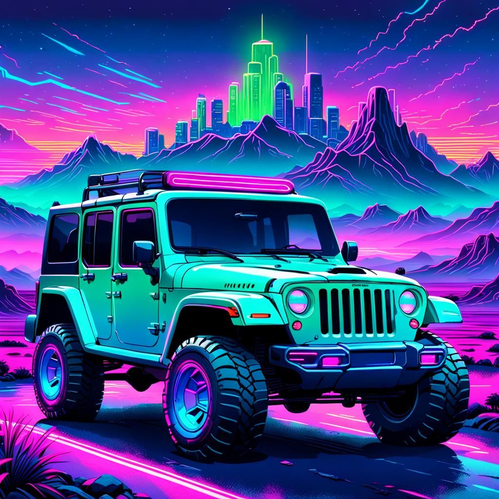 Neon Jeep Truck in Lush Synthwave Landscape