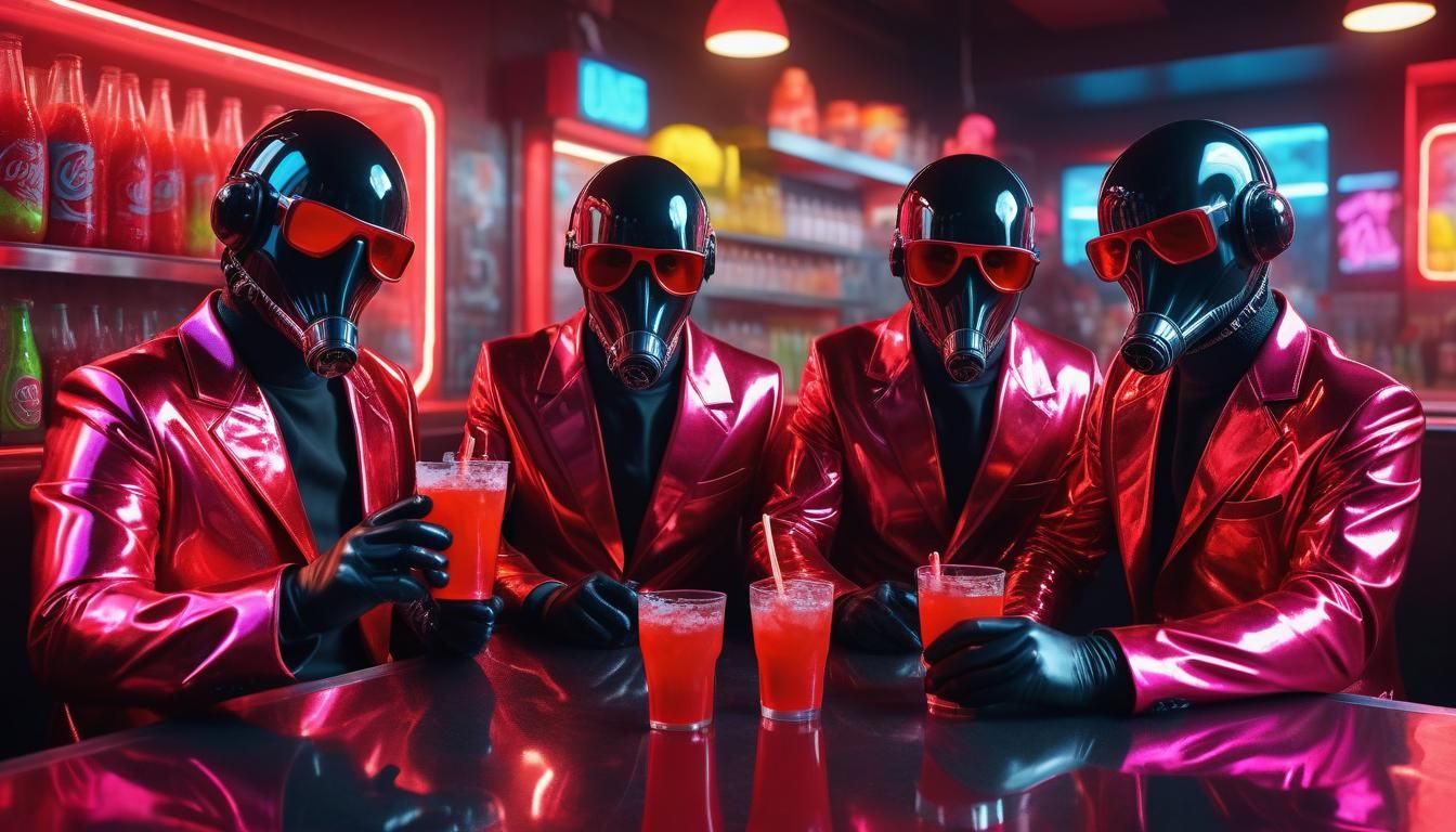 Intense Figures in Latex Suits Drinking Neon Soda