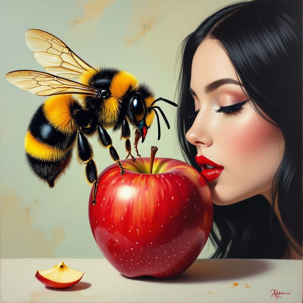 Surreal Queen Bee and Woman Bite Apple Oil Painting