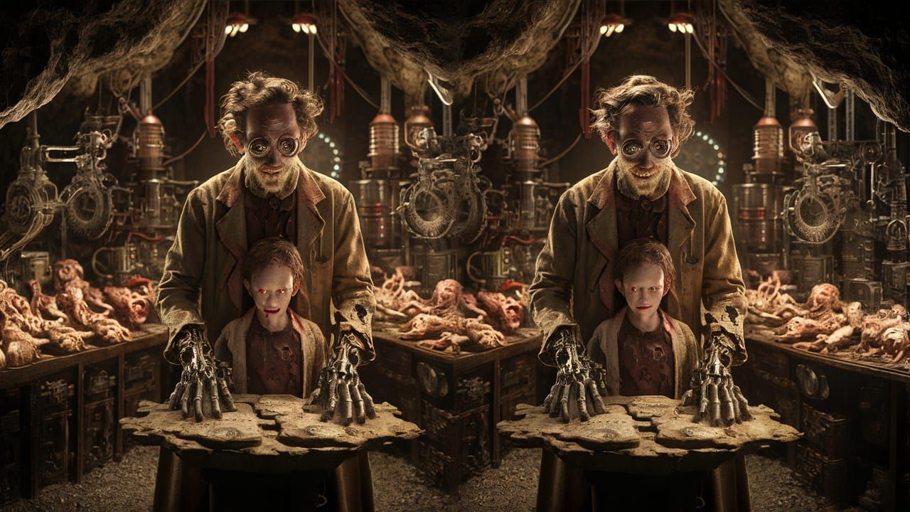 Creepy Crazed Twin Scientists & Sons in Lab