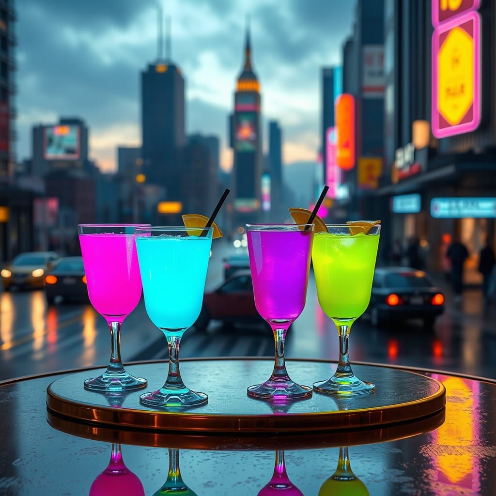 Cyberpunk Drinks Glow in Neon Cityscape