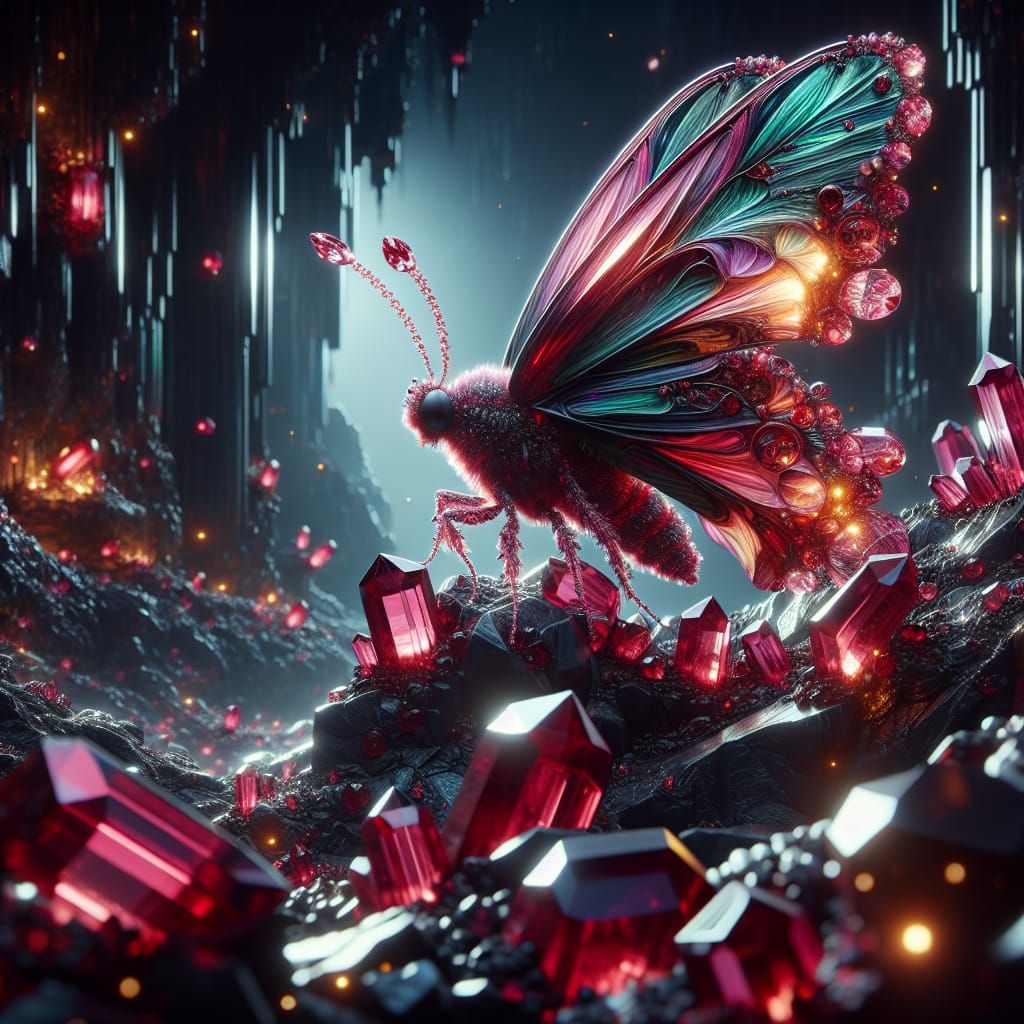 Ruby Crystal Butterfly in Dark Mine