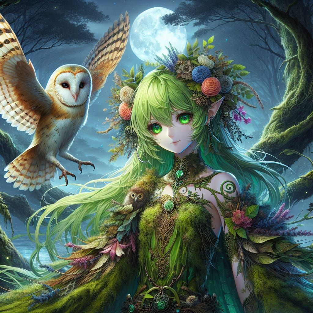 Anime Dryad with Owl Wings in Mystic Forest