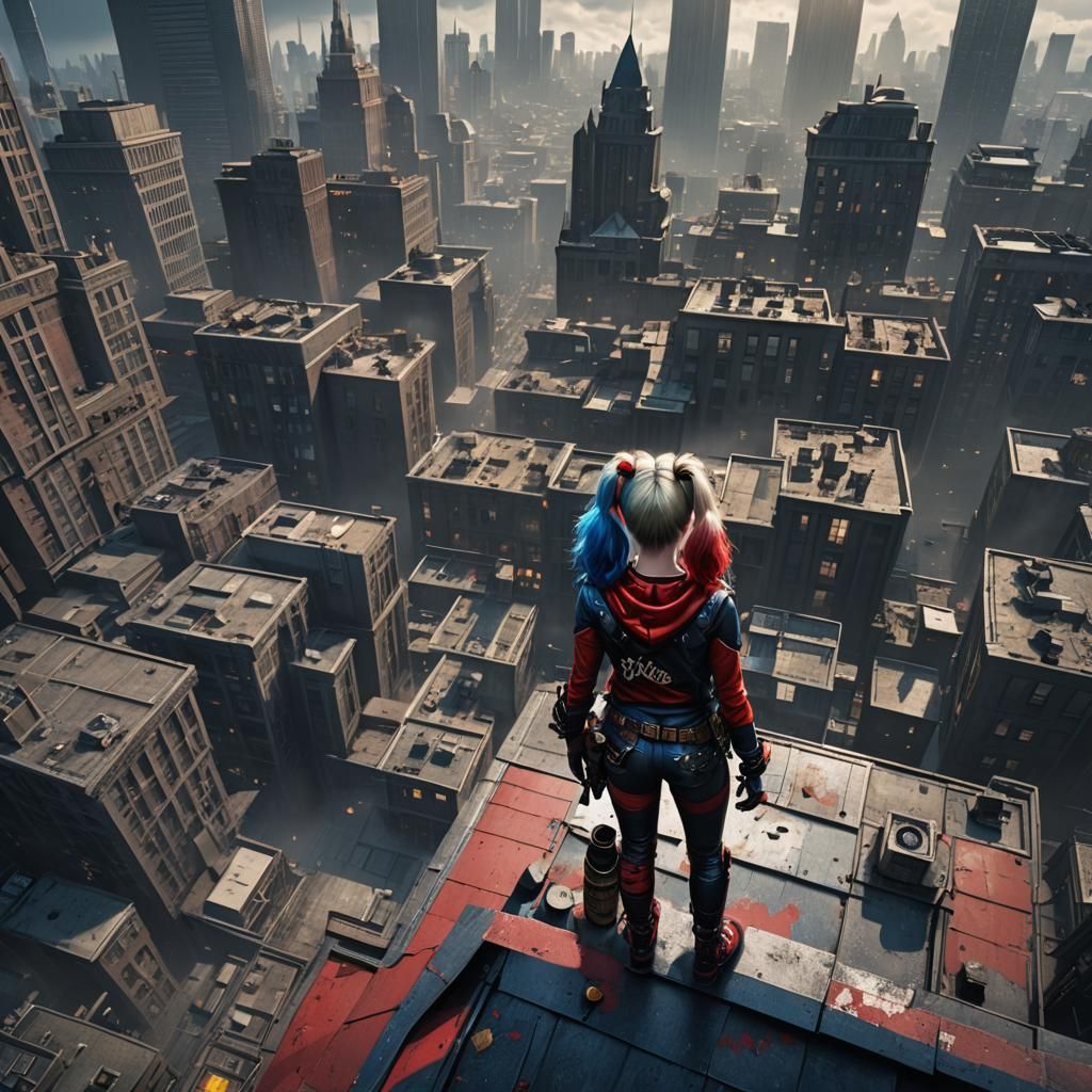 Harley Quinn Gotham Cityscape: Detailed Matte Painting