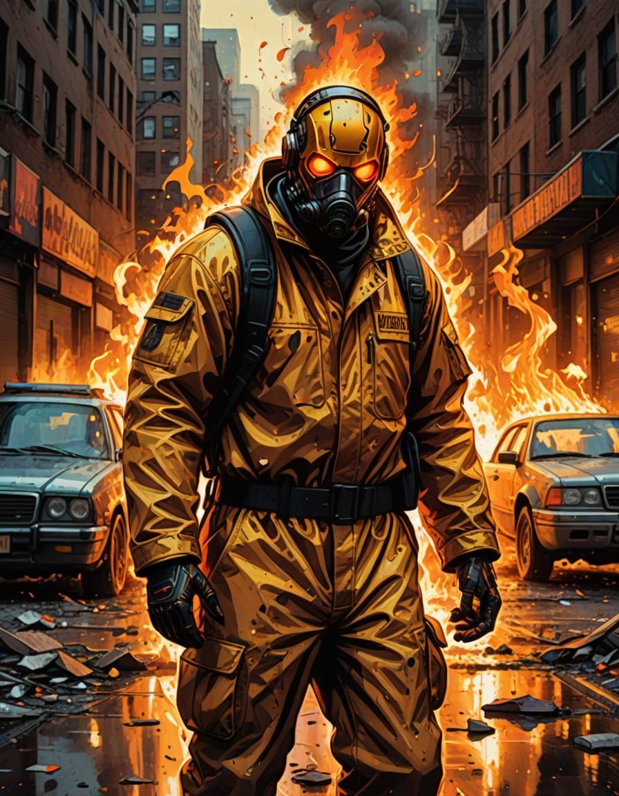 A supervillain named "The Meltdown," with the power to control heat. He stands in the middle of a city street, clad in a...