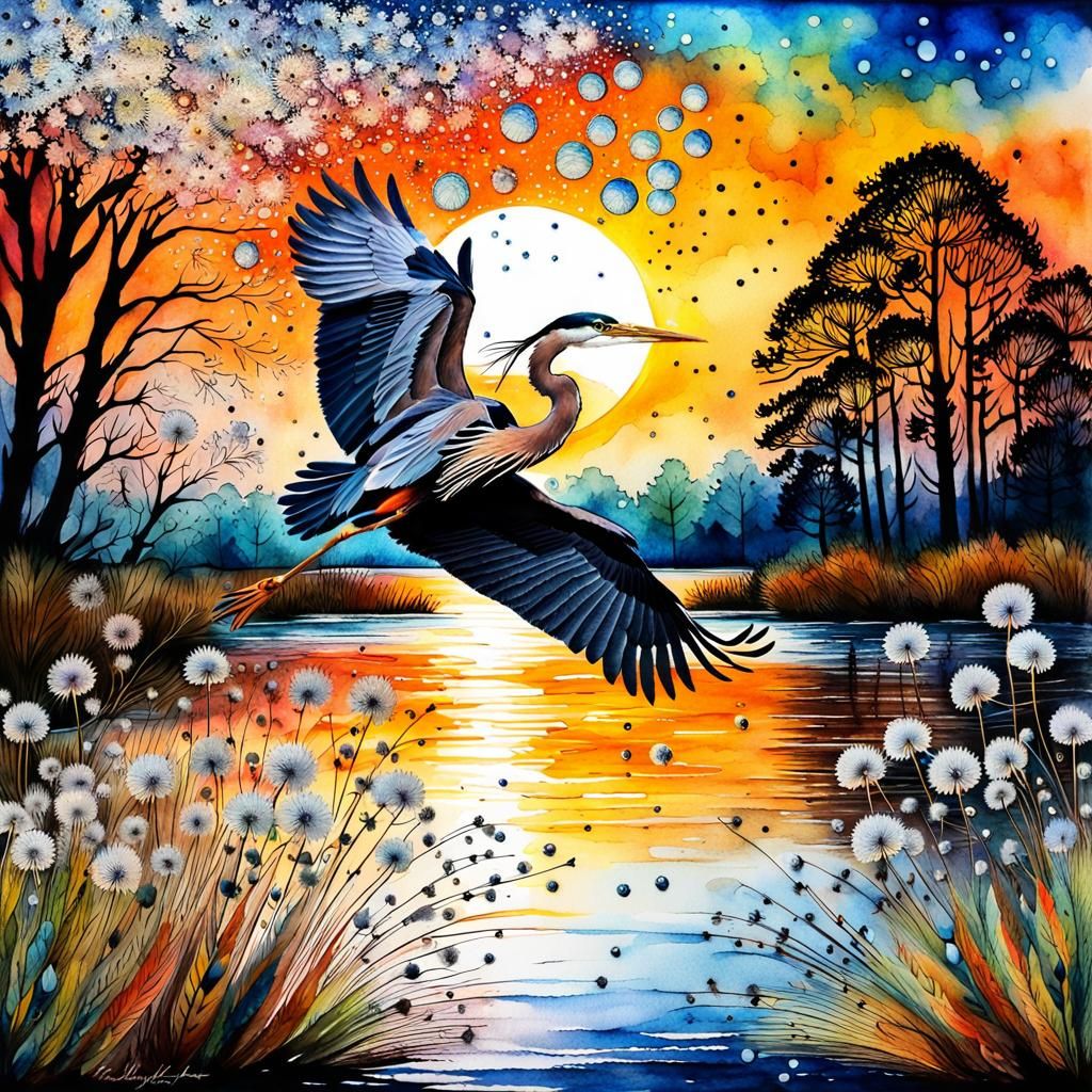 Vivid Blue Heron with Dandelion Seeds in Watercolour