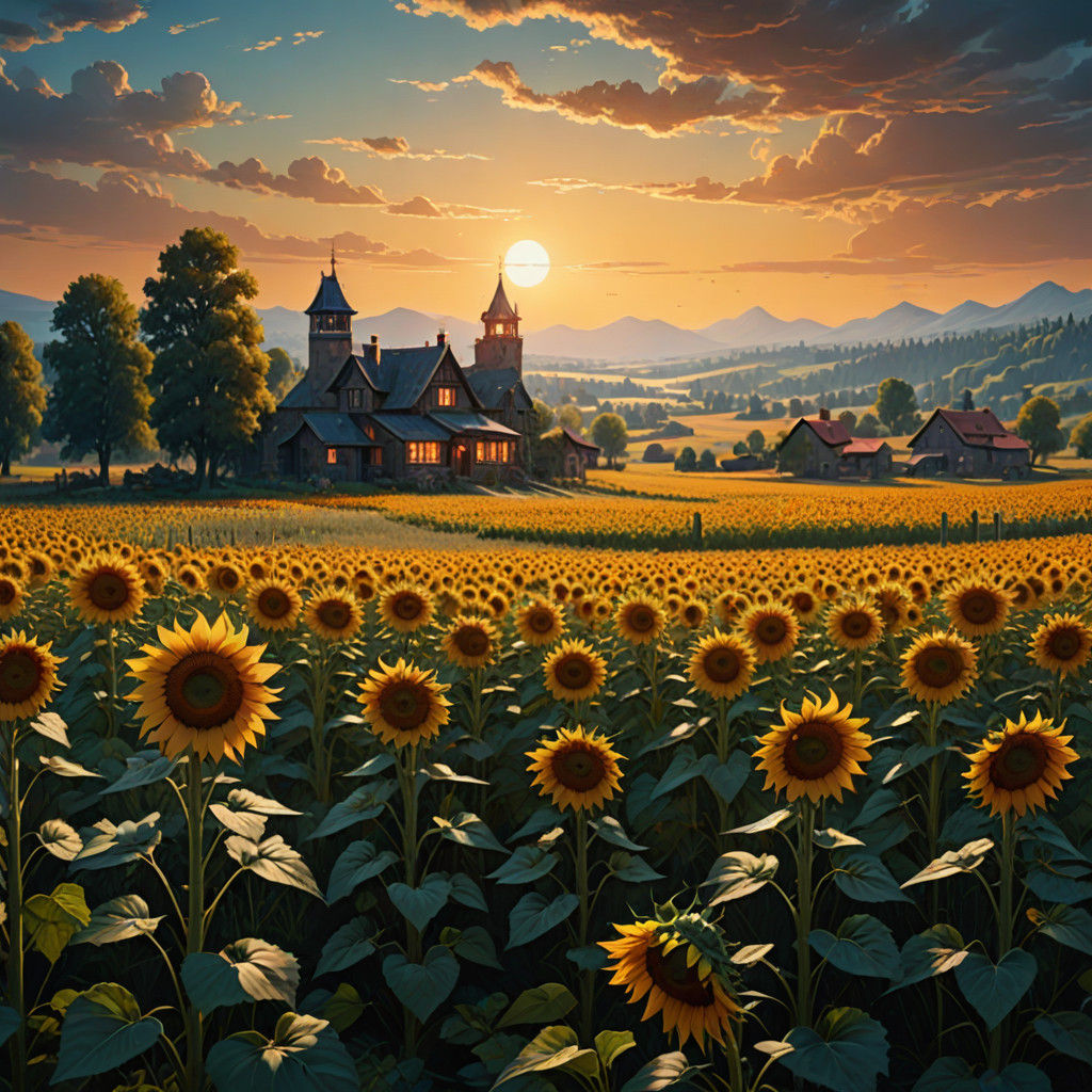 Sunflowers Stretching to the Horizon in Soft, Cinematic Ligh...