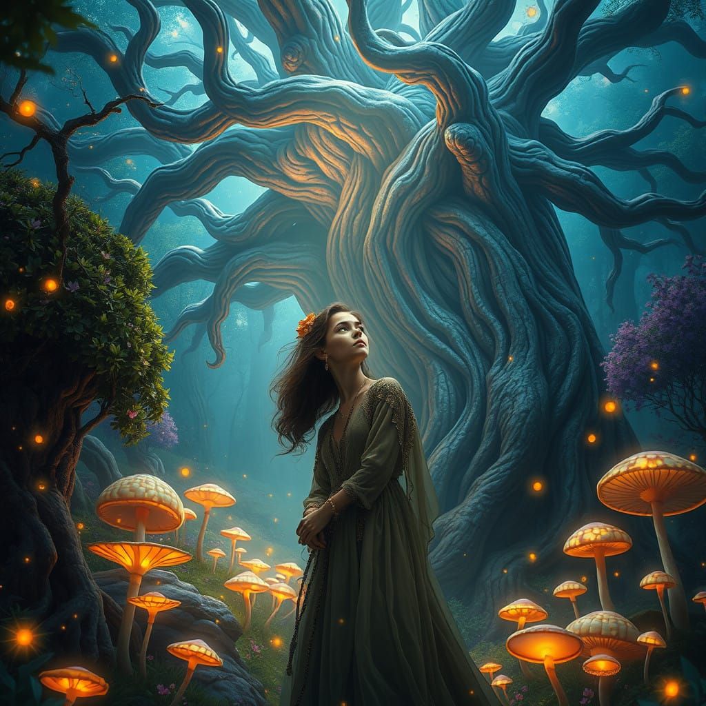 Whimsical Woman Amidst Vibrant Fantasy Forest