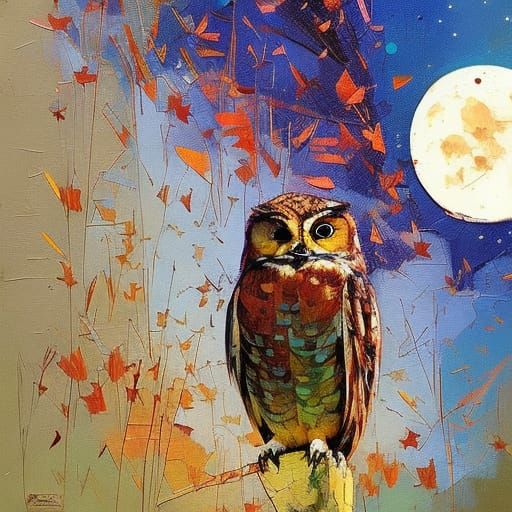 Owl in Starry Night Sky, Impressionistic Style