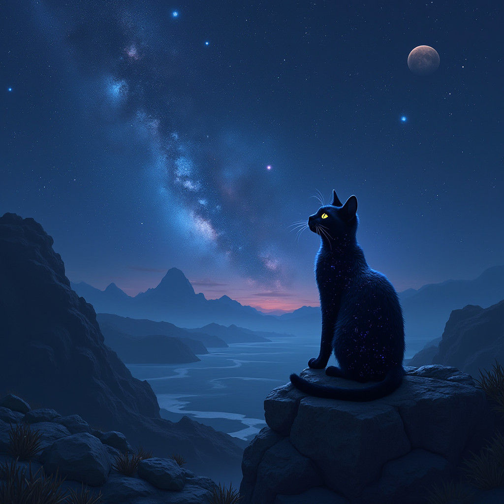 Ethereal Black Feline Stares Up at Starry Night Sky