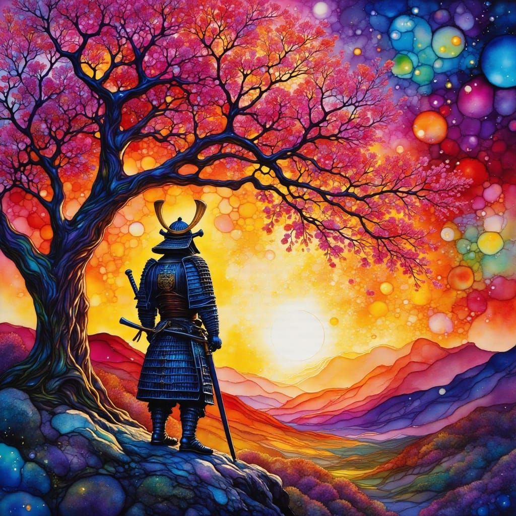 Samurai Under Cherry Blossoms at Sunset, Impasto Style