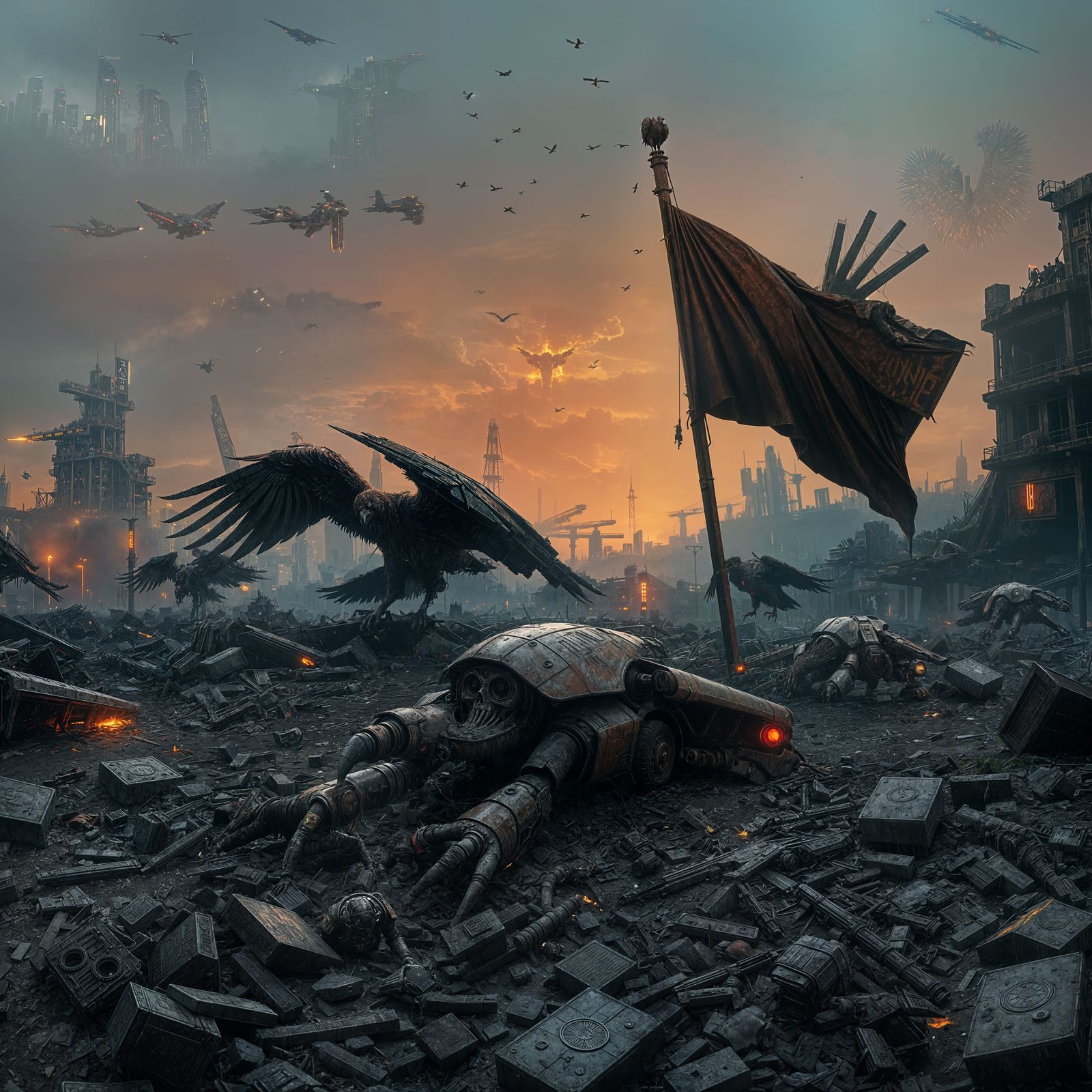 Cyberpunk Ruins: War-Torn Vultures Amidst Iron Slag