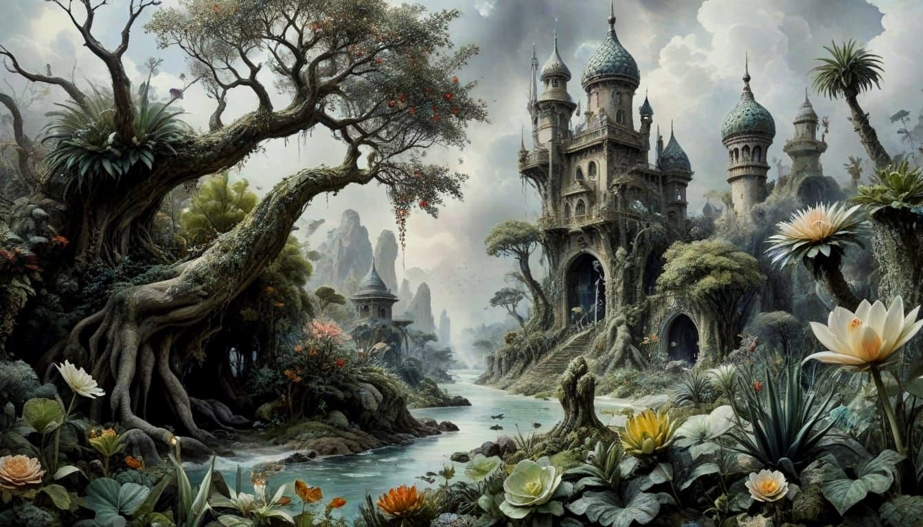 Dreamlike Watercolor Garden of Eden in Vibrant Grey Tones