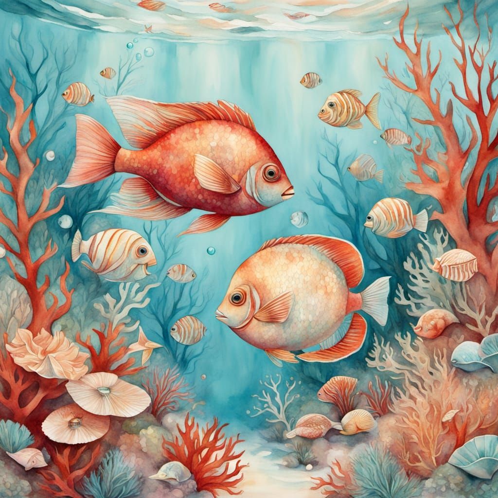 Tropical Fish in Dreamlike Coral Reef, Watercolor Style
