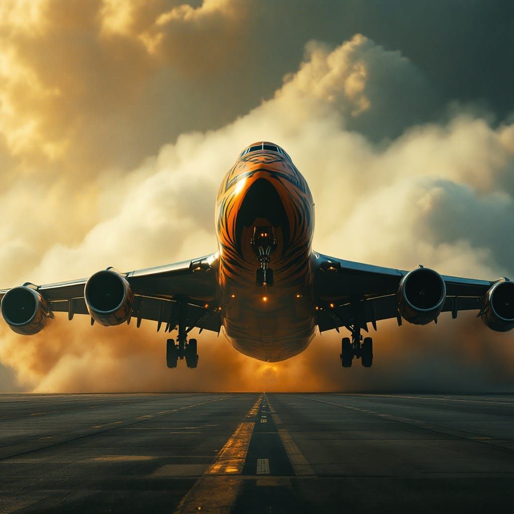 Tiger Stripe Boeing 747 Takes Flight in Cinematic Lighting