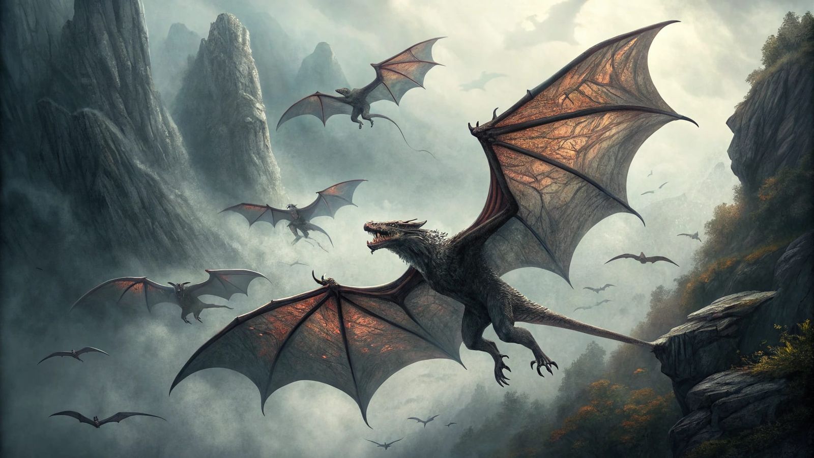 Winged Reptilian Beasts in Eerie, Gothic Cliffside