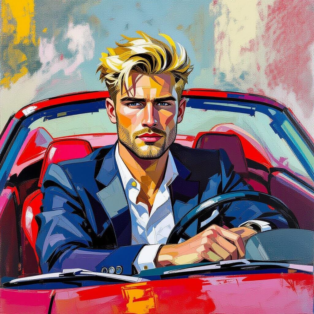 Ferrari Driver in Expressionist Gouache and Watercolor