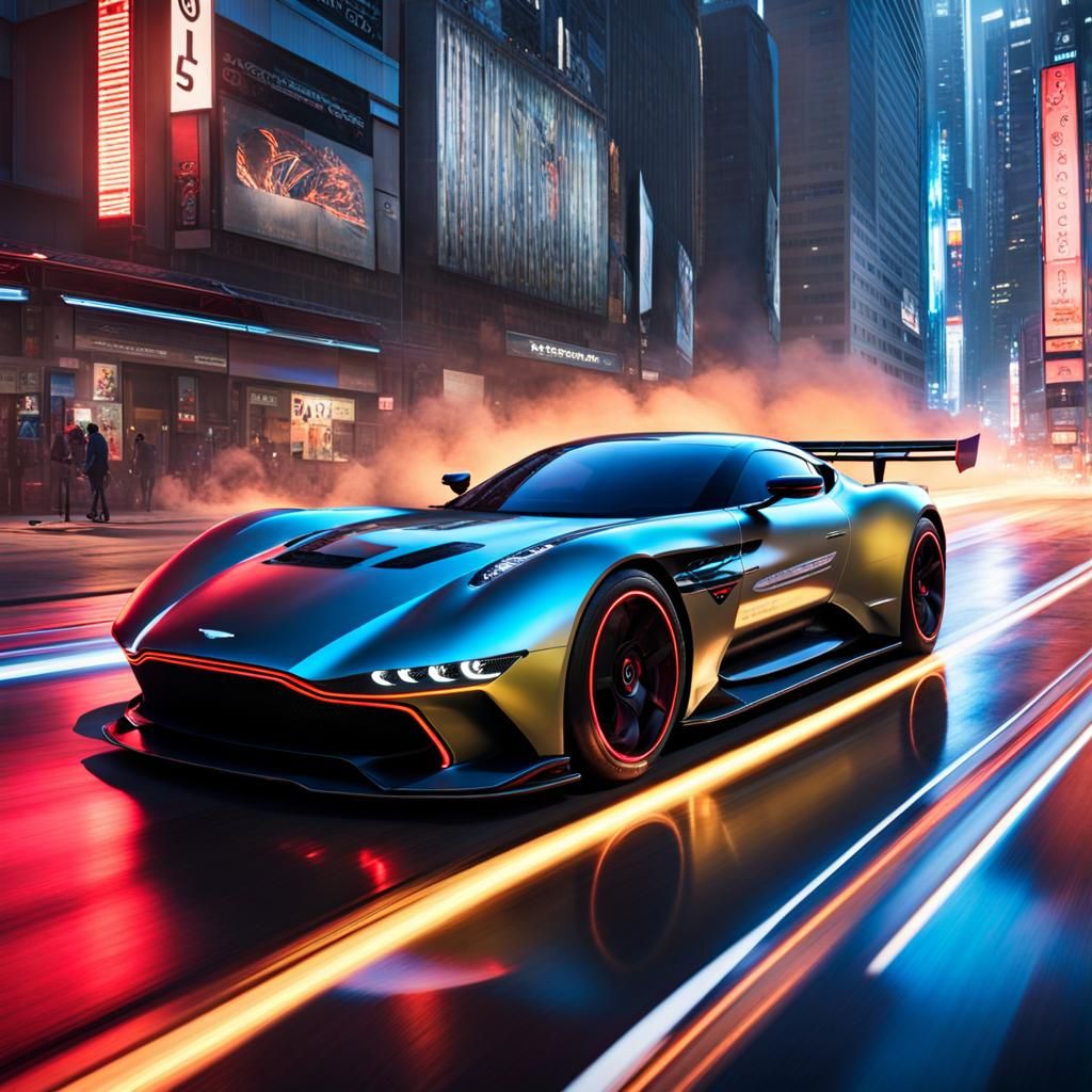 Aston Martin Vulcan in Glowing Cyberpunk City