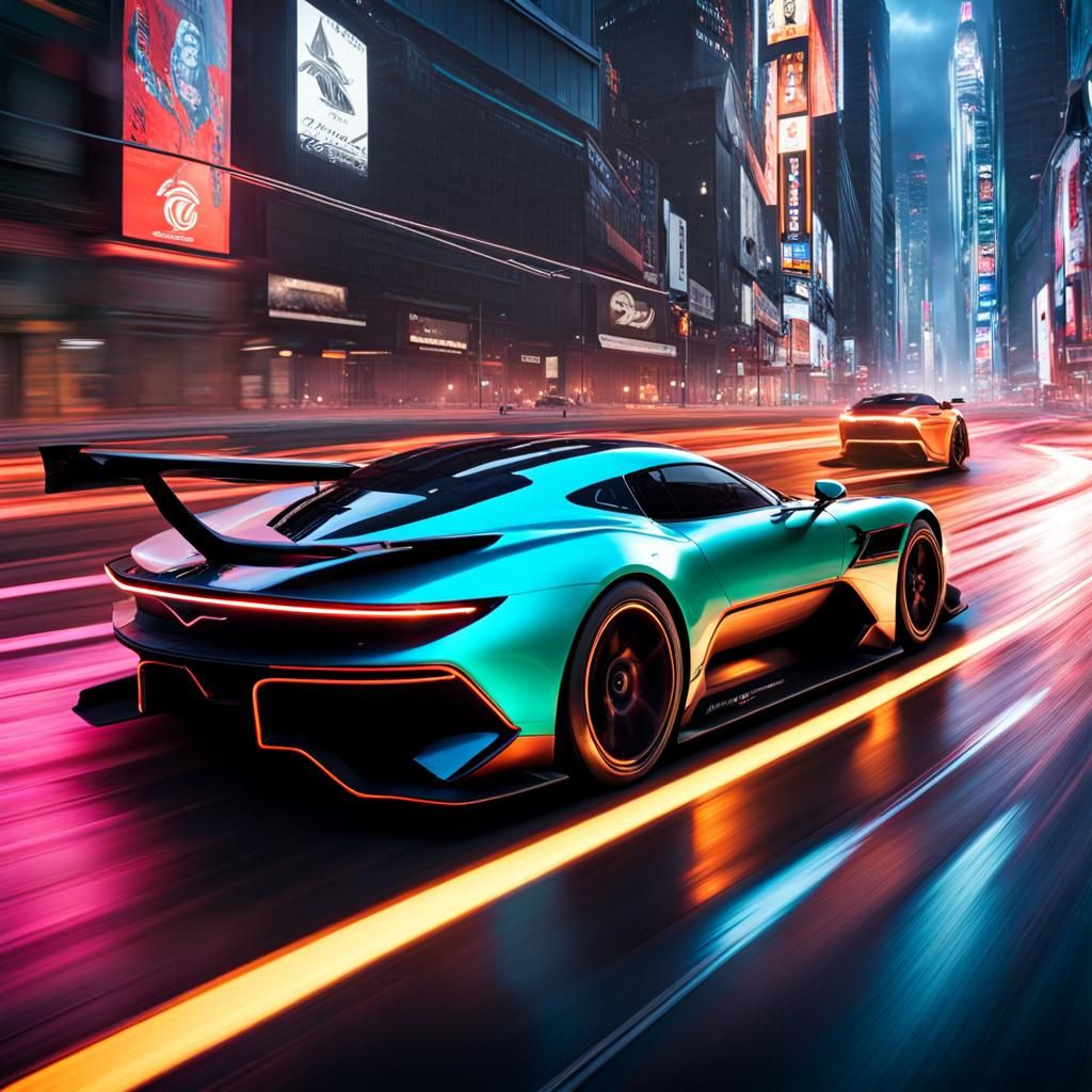 Cyberpunk Aston Martin Vulcan in Futuristic Cityscape