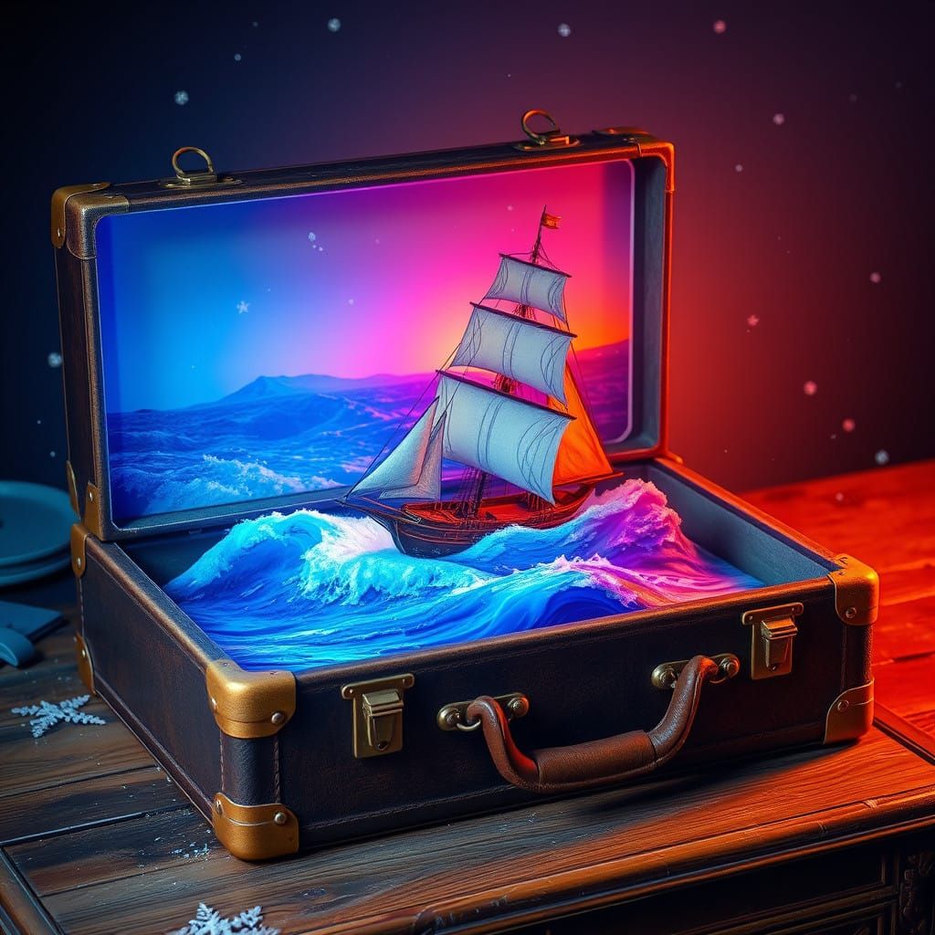 Vintage Suitcase Containing Miniature Sailing Ship at Sunset