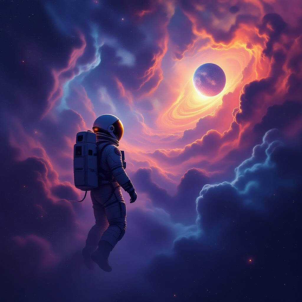 Astronaut Adrift in Cosmic Nebula, Gazing at Alien Planet