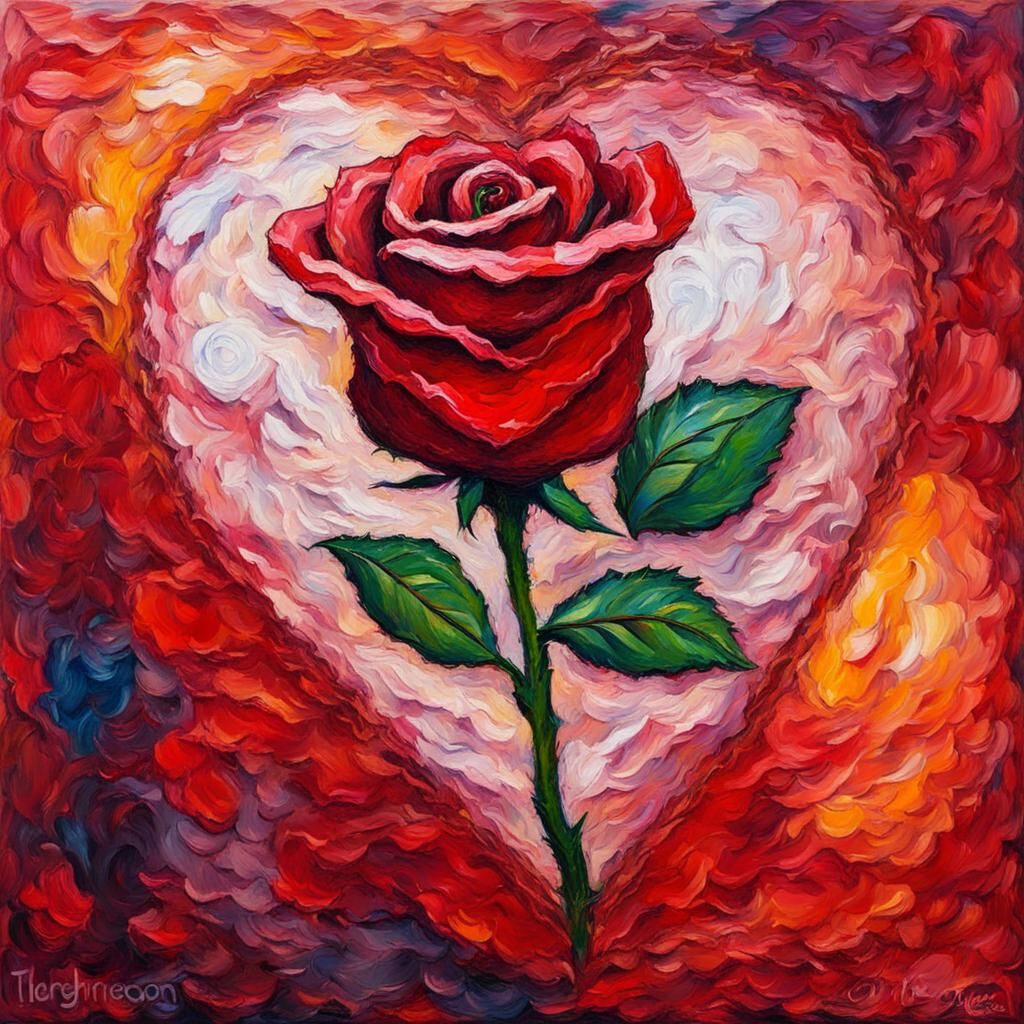 Valentine Red Rose Heart in Neo-Impressionist Oil Painting