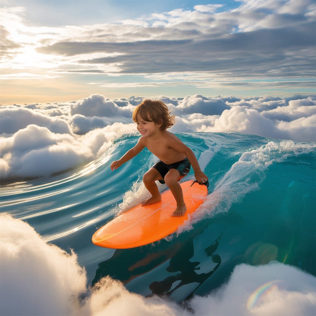 Child Surfing Cloud Wave on Windy Day