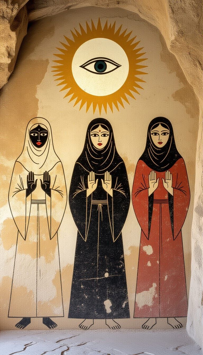 Monochromatic Cave Painting of Figures with Mystical Symbols