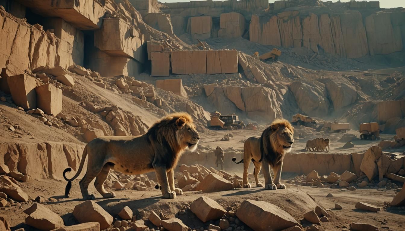 Humanoid Lions Work in Quarry: Cinematic Film Still