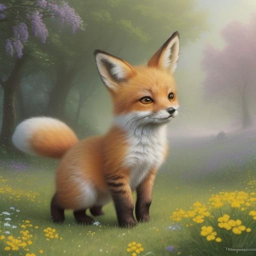 Fox-Kitten Hybrid Plays in Flower Field