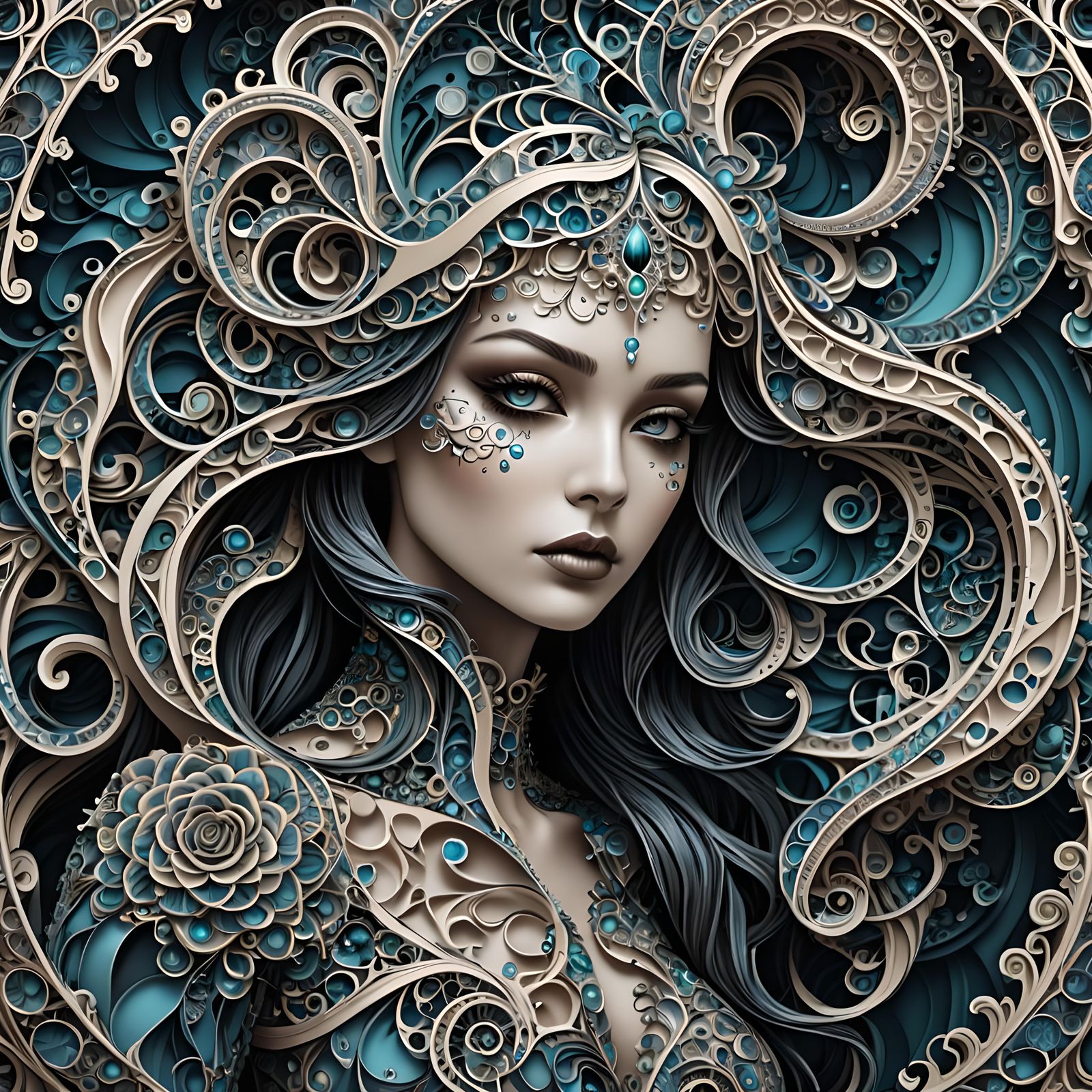 Abstract Fractal Girl with Zentangle and 3D Shading