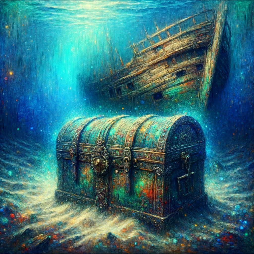 Impressionist Treasure Chest Under Azure Sea