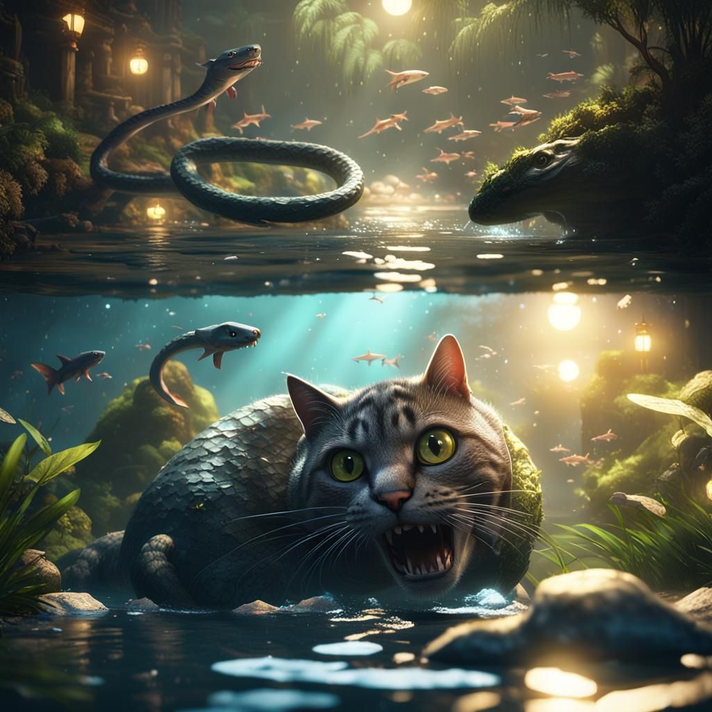 Cat and Snake Plunge into a Monster-Filled River