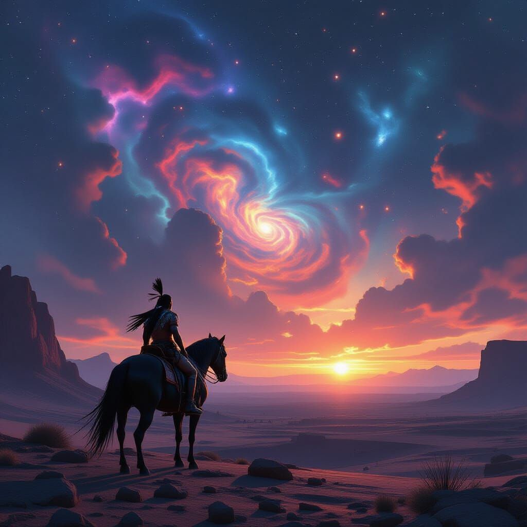 Apache Warrior on Alien Planet Under Cosmic Sky