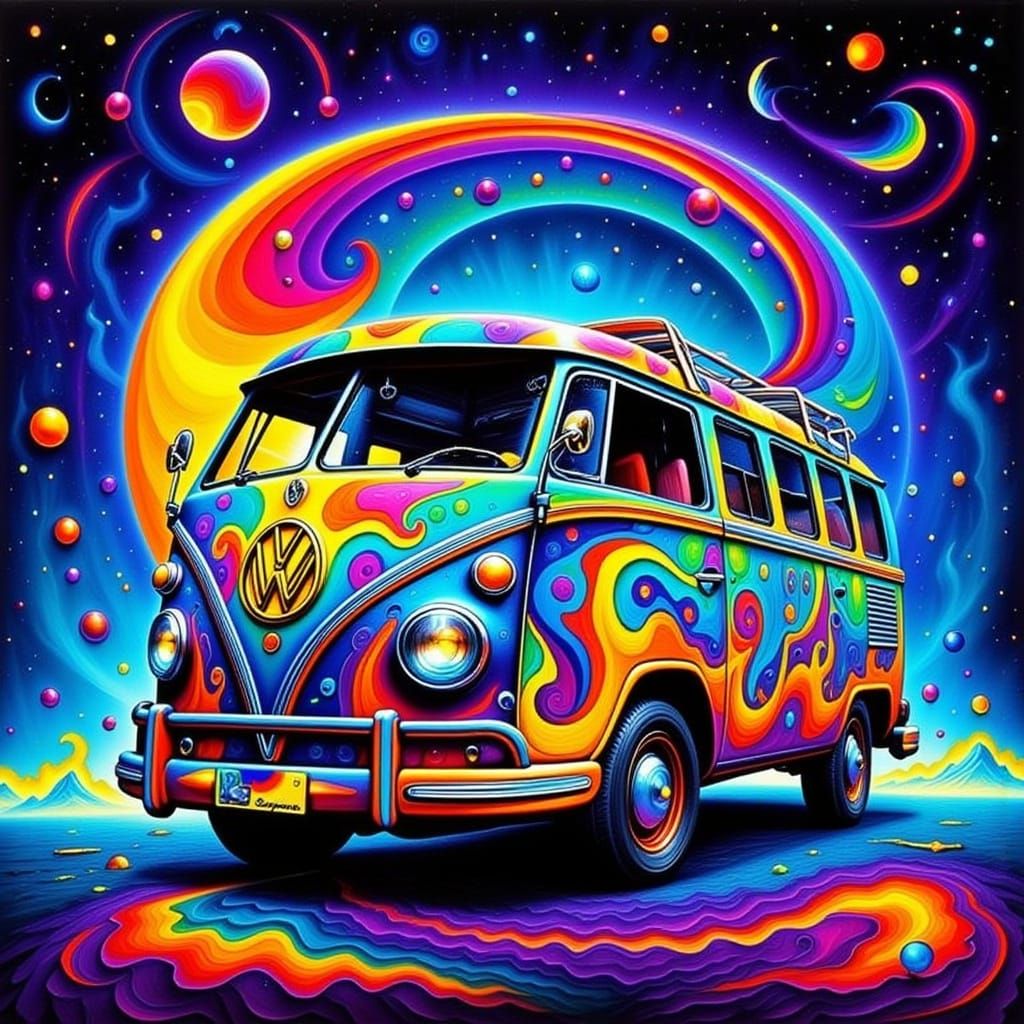 Psychedelic Volkswagen Bus in Electric Blue and Day-Glo