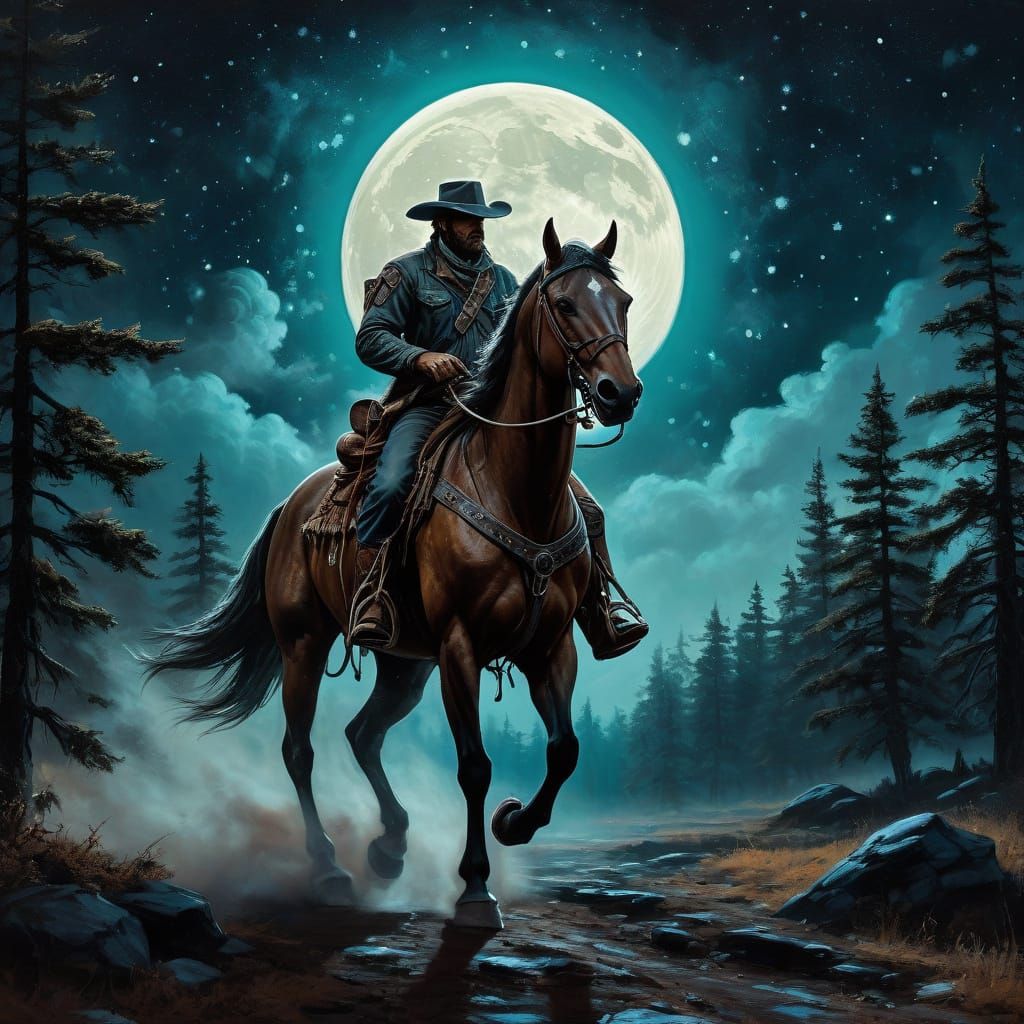 Retro-Futuristic Cowboy Rides Comet as Oil Painting